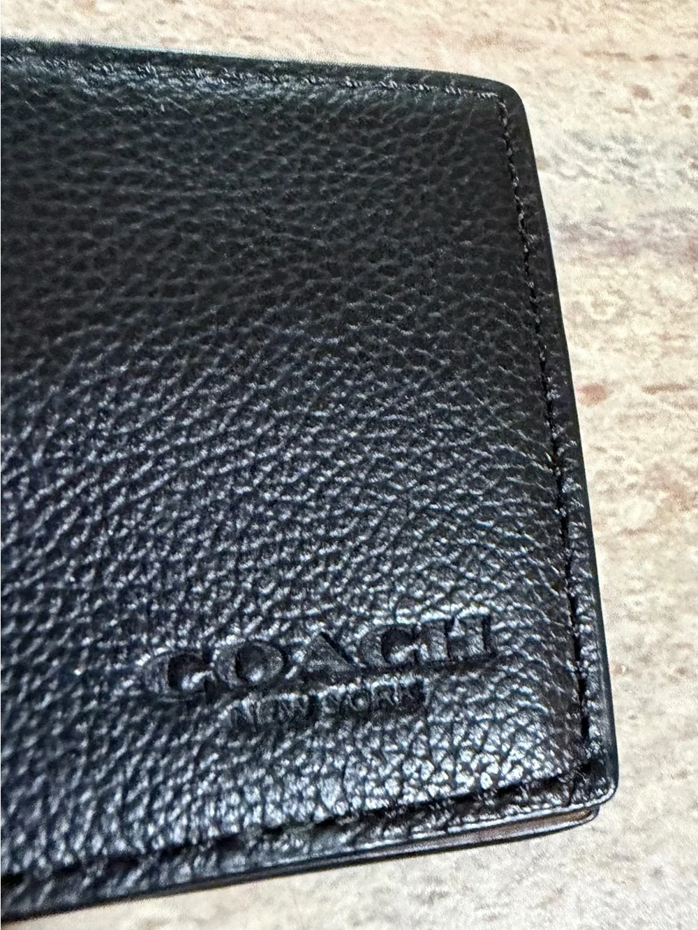 Coach Black Pebbled Leather Bifold Wallet with Brown Edge